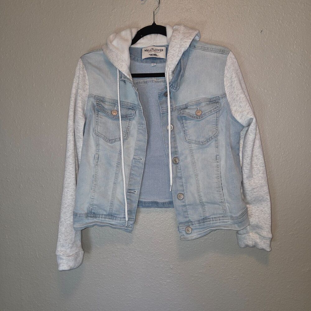 Wallflower Authentic Denim Hooded Knit Sleeve Jean Jacket L Light Wash